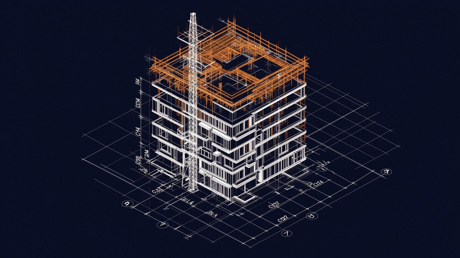 Isometric blueprint of a multi-story building with annotated grid lines